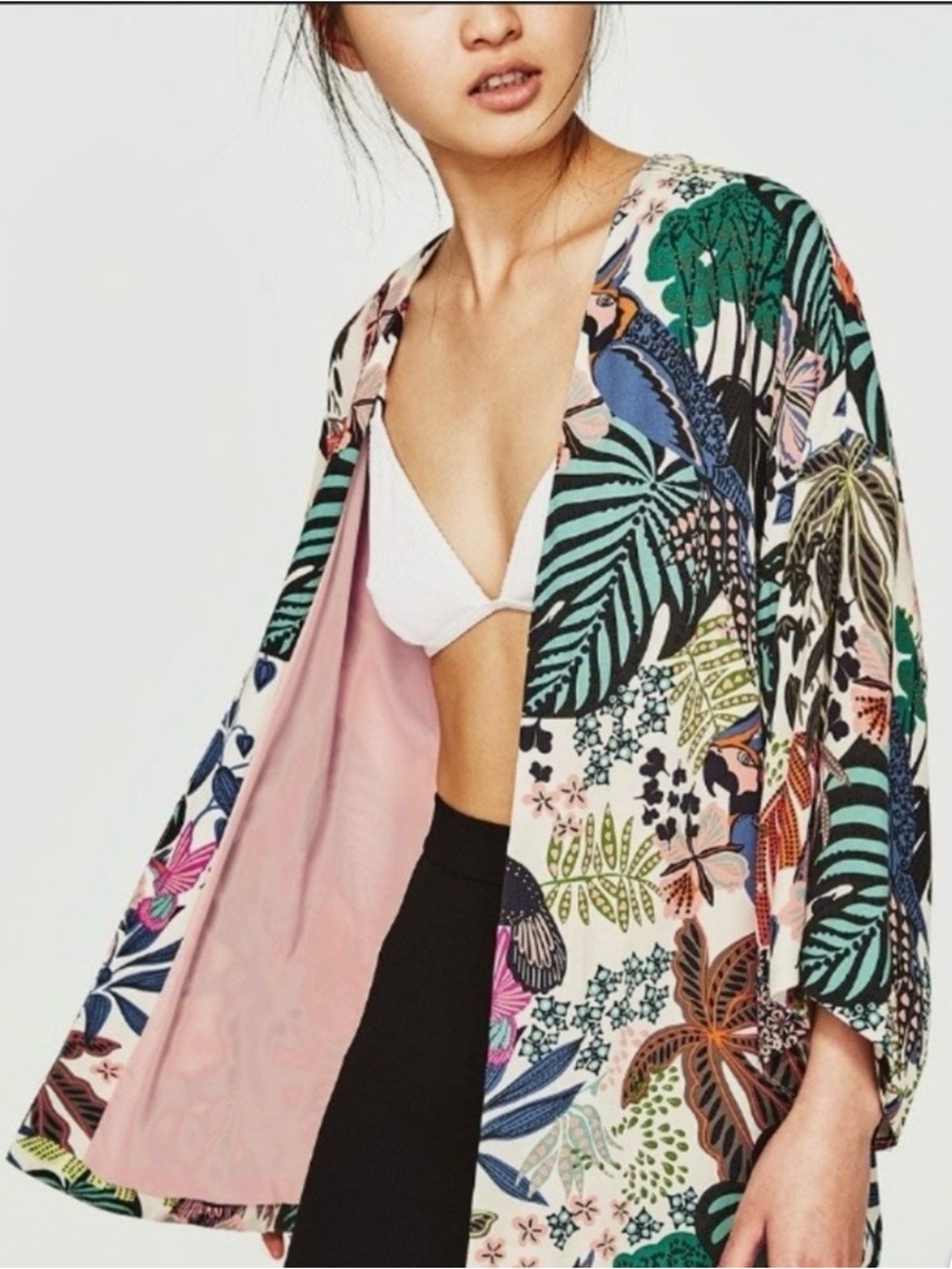 TRF ZARA TROPICAL Print Open-Front Crop Jacket Kimono Beach Vacation